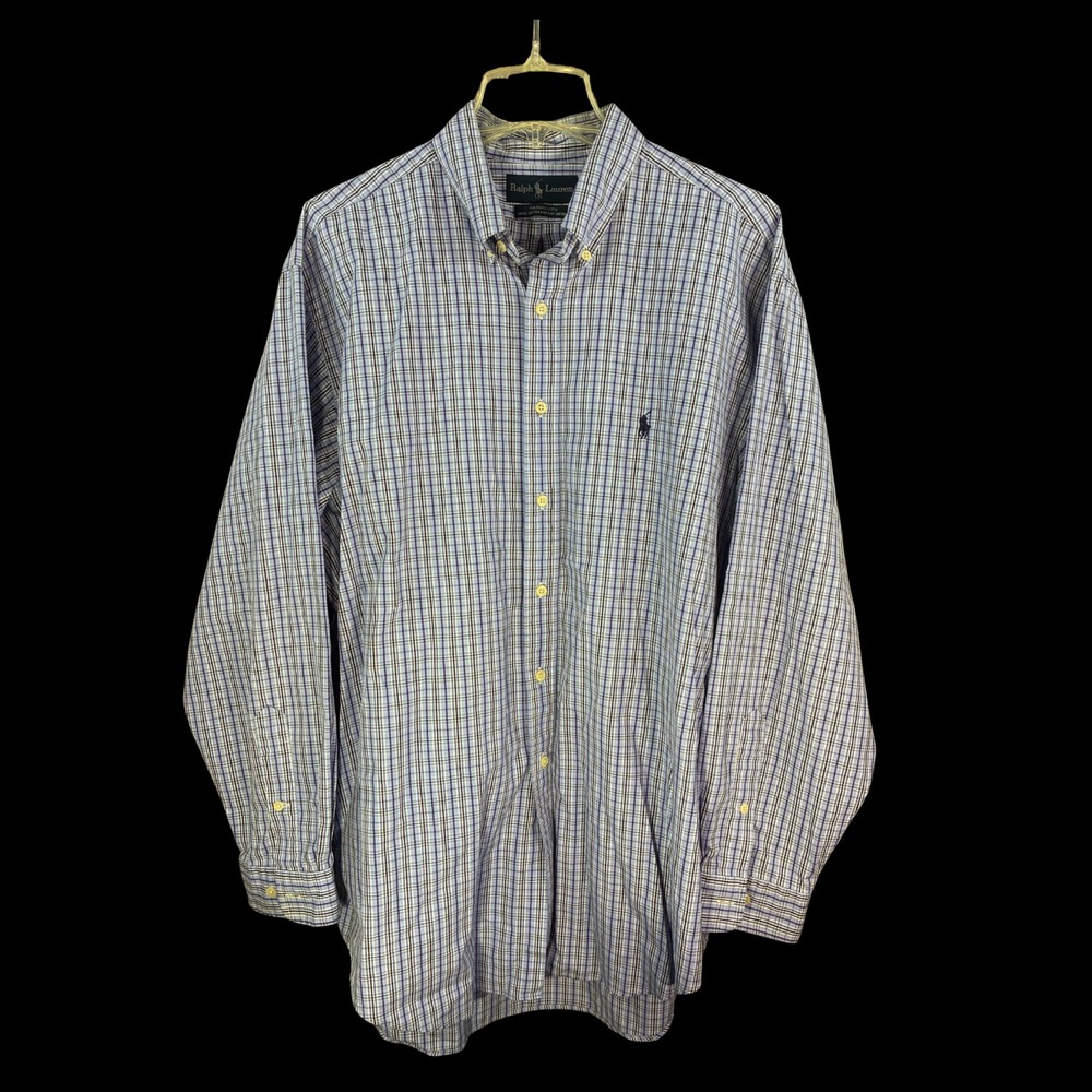 Ralph Lauren Yarmouth Mens XL Blue Plaid Button Down Cotton Shirt 17 34/35